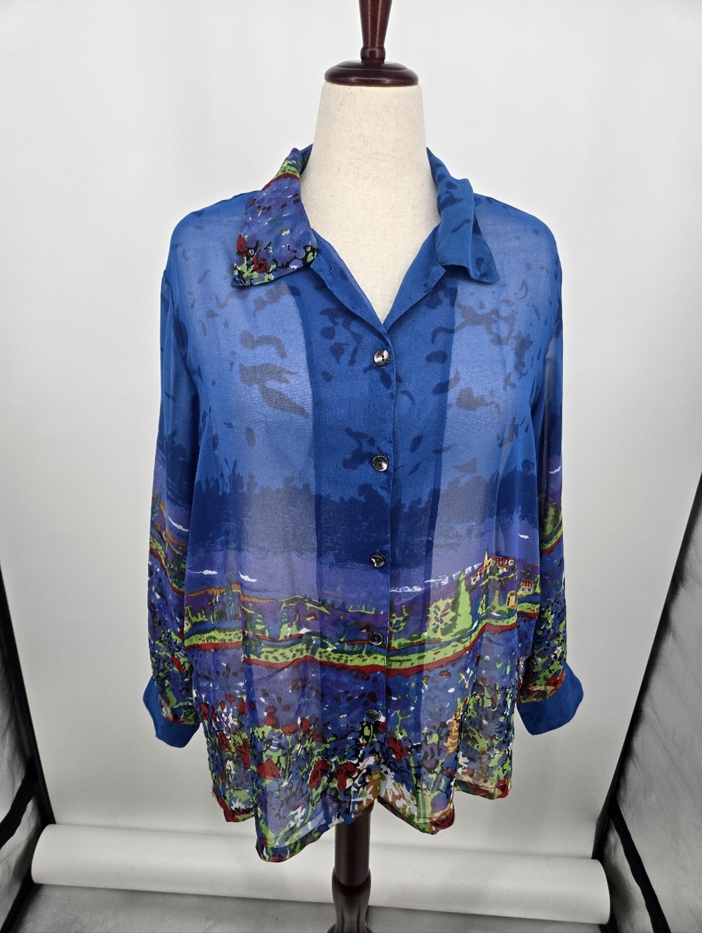 ARTSCAPES Blue Panorama Scenic Print Semi Sheer Shirt Size 1X (6808)